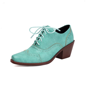 blue Retro-Inspired Wingtip Block Heel Oxfords for Women - Vintage Brogue Detailing + Classic Oxfords for Everyday Elegance