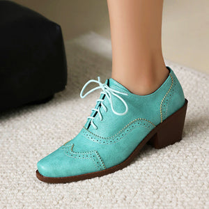 blue Retro-Inspired Wingtip Block Heel Oxfords for Women - Vintage Brogue Detailing + Classic Oxfords for Everyday Elegance