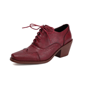 burgundy Retro-Inspired Wingtip Block Heel Oxfords for Women - Vintage Brogue Detailing + Classic Oxfords for Everyday Elegance