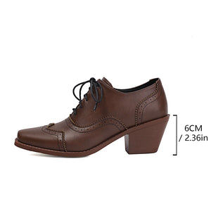 brown Retro-Inspired Wingtip Block Heel Oxfords for Women - Vintage Brogue Detailing + Classic Oxfords for Everyday Elegance