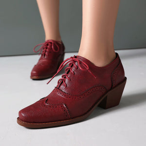 burgundy Retro-Inspired Wingtip Block Heel Oxfords for Women - Vintage Brogue Detailing + Classic Oxfords for Everyday Elegance