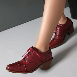 burgundy Retro-Inspired Wingtip Block Heel Oxfords for Women - Vintage Brogue Detailing + Classic Oxfords for Everyday Elegance