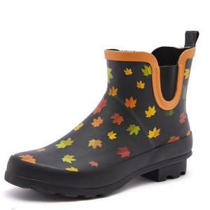 Black Women's Anti Slip Floral Printed Rain Boots