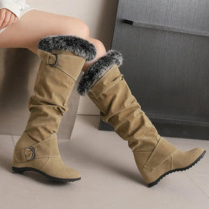 Women's Slouch Knee-High Wedge Boots – Fluffy Cuff