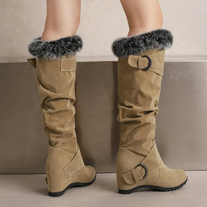 Women's Slouch Knee-High Wedge Boots – Fluffy Cuff