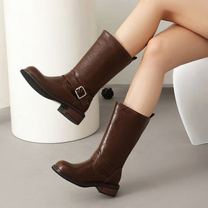 Women's Buckle Mid-Calf Boots – Square Toe & Low Block Heel