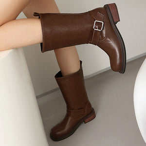 Women's Buckle Mid-Calf Boots – Square Toe & Low Block Heel