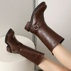 Women's Buckle Mid-Calf Boots – Square Toe & Low Block Heel