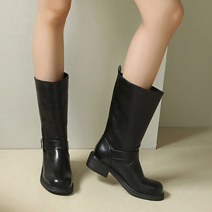 Women's Buckle Mid-Calf Boots – Square Toe & Low Block Heel