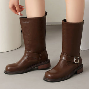 Women's Buckle Mid-Calf Boots – Square Toe & Low Block Heel