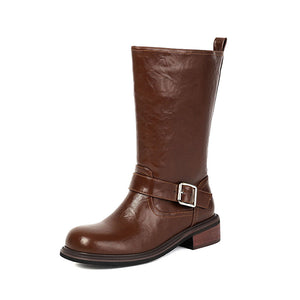 Women's Buckle Mid-Calf Boots – Square Toe & Low Block Heel