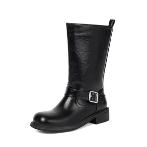 Women's Buckle Mid-Calf Boots – Square Toe & Low Block Heel