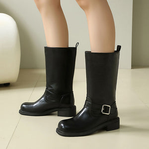 Women's Buckle Mid-Calf Boots – Square Toe & Low Block Heel