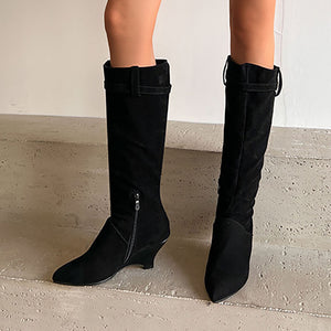 Women's Knee-High Wedge Boots – Pointed Toe & Buckled Cuff