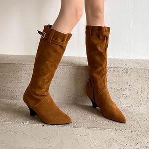 Women's Knee-High Wedge Boots – Pointed Toe & Buckled Cuff