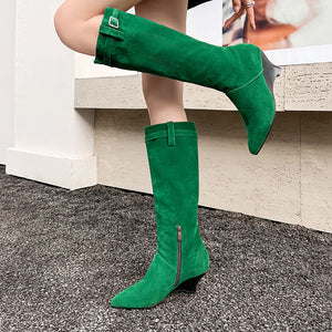 Women's Knee-High Wedge Boots – Pointed Toe & Buckled Cuff