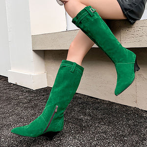 Women's Knee-High Wedge Boots – Pointed Toe & Buckled Cuff