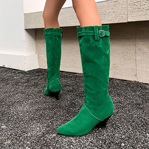 Women's Knee-High Wedge Boots – Pointed Toe & Buckled Cuff