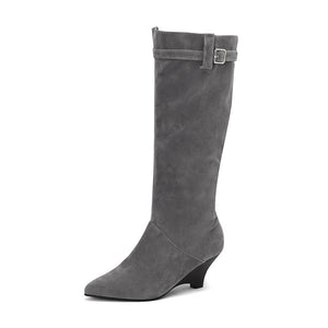 Women's Knee-High Wedge Boots – Pointed Toe & Buckled Cuff