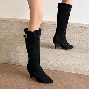 Women's Knee-High Wedge Boots – Pointed Toe & Buckled Cuff