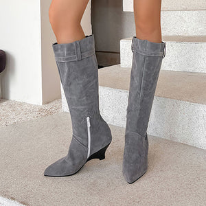 Women's Knee-High Wedge Boots – Pointed Toe & Buckled Cuff