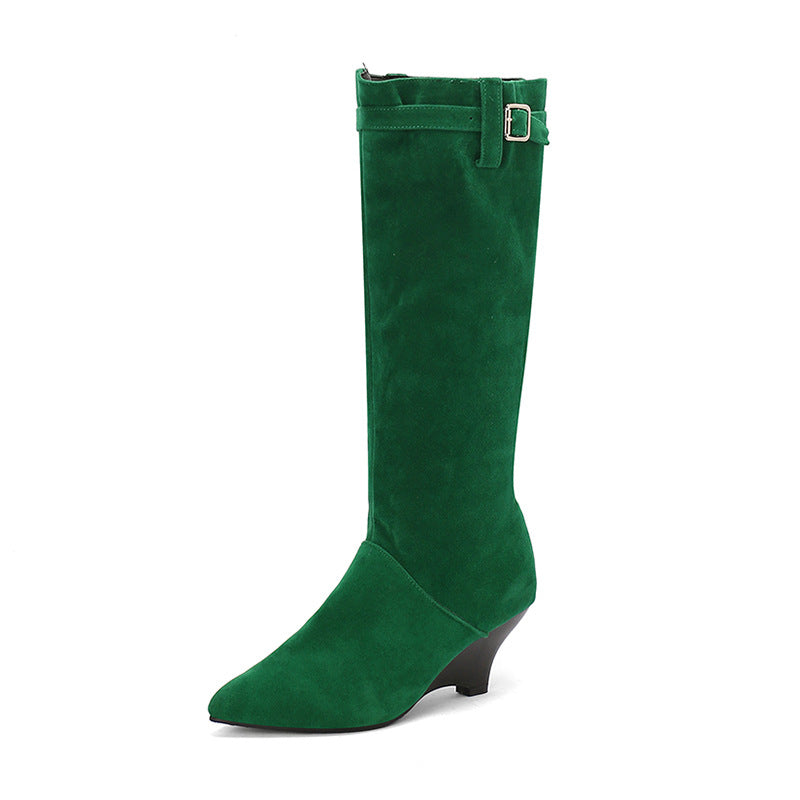 Women's Knee-High Wedge Boots – Pointed Toe & Buckled Cuff