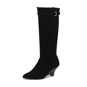 Women's Knee-High Wedge Boots – Pointed Toe & Buckled Cuff