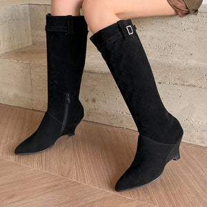 Women's Knee-High Wedge Boots – Pointed Toe & Buckled Cuff