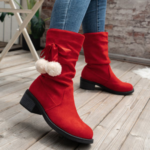 Women's Christmas bowknot décor red mid calf boots