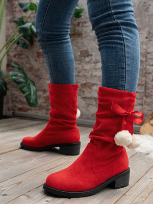 Women's Christmas bowknot décor red mid calf boots