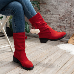 Women's Christmas bowknot décor red mid calf boots