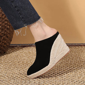 black Women's Closed Toe Espadrille Wedge Heels Mules