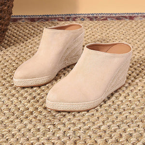 beige Women's Closed Toe Espadrille Wedge Heels Mules