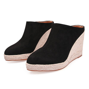 black Women's Closed Toe Espadrille Wedge Heels Mules