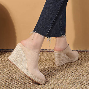 beige Women's Closed Toe Espadrille Wedge Heels Mules