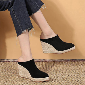 black Women's Closed Toe Espadrille Wedge Heels Mules
