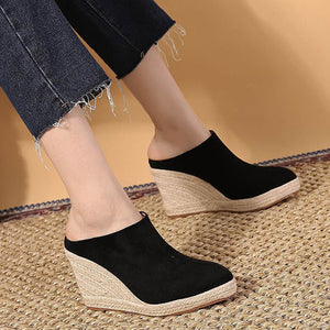 black Women's Closed Toe Espadrille Wedge Heels Mules