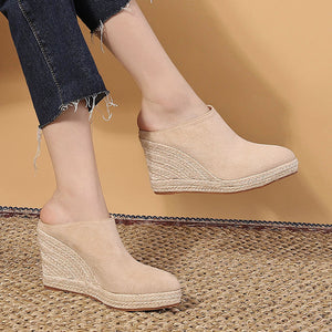 beige Women's Closed Toe Espadrille Wedge Heels Mules