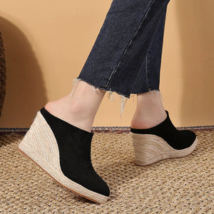 black Women's Closed Toe Espadrille Wedge Heels Mules