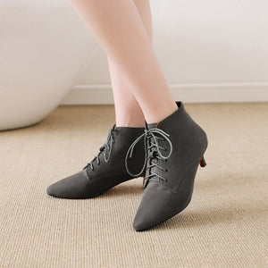 Women's England style elegant kitten heels booties faux suede lace-up oxfords dressy ankle boots