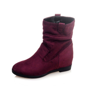 burgundy Women's Faux Suede Mid Calf Wedge Boots