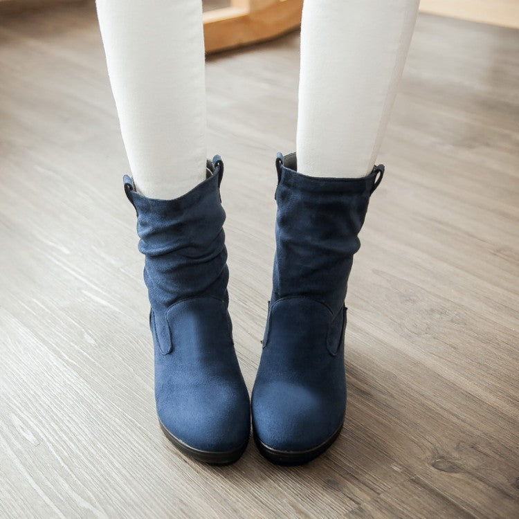 navy blue Women's Faux Suede Mid Calf Wedge Boots