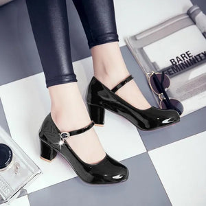 Women's PU patent leather block heels Mary Jane pumps