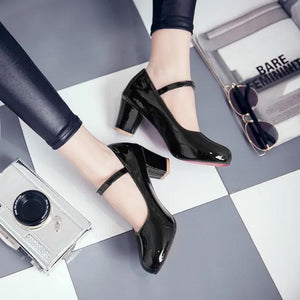 Women's PU patent leather block heels Mary Jane pumps