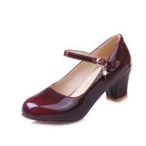 burgundy Women's PU patent leather block heels Mary Jane pumps