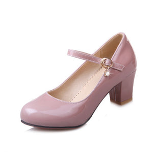 Women's PU patent leather block heels Mary Jane pumps