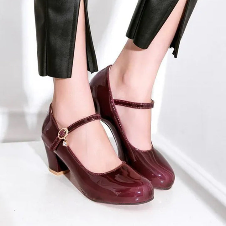 Women's PU patent leather block heels Mary Jane pumps