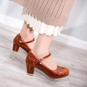 Women's PU patent leather block heels Mary Jane pumps