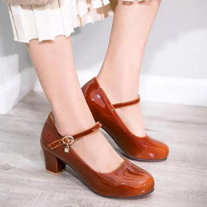 Women's PU patent leather block heels Mary Jane pumps