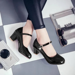 Women's PU patent leather block heels Mary Jane pumps